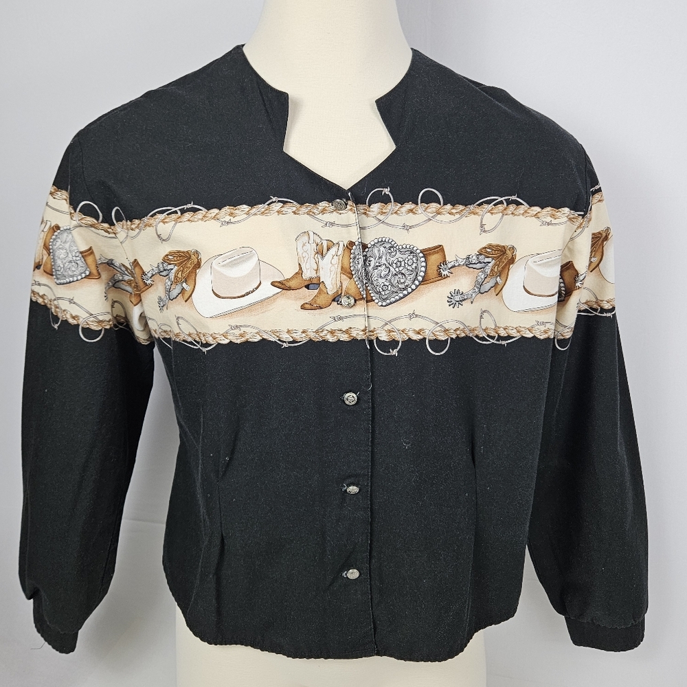 90s vintage button front roper western cowgirl hat, boots, and spurs size XL